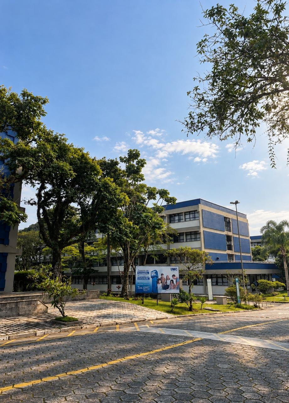 Prédio azul e branco do campus da UMC entre árvores, sob céu azul